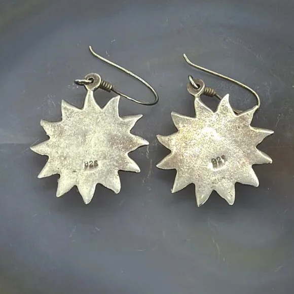 Vintage 925 Sterling Silver Smiling Sun Face Sunburst Dangle Drop Boho Earrings - Picture 2 of 9
